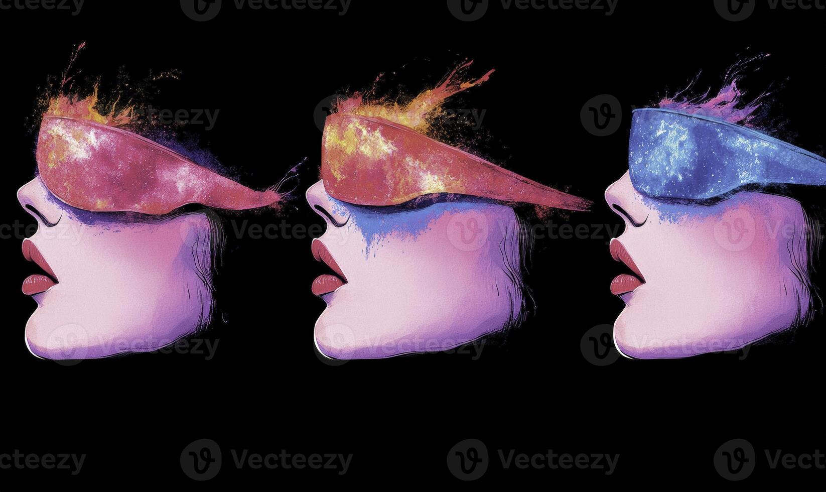 Abstract Artistic Representation of Woman's Profile with Colorful Splatter and Blindfold, Symbolizing Imagination and Creativity photo
