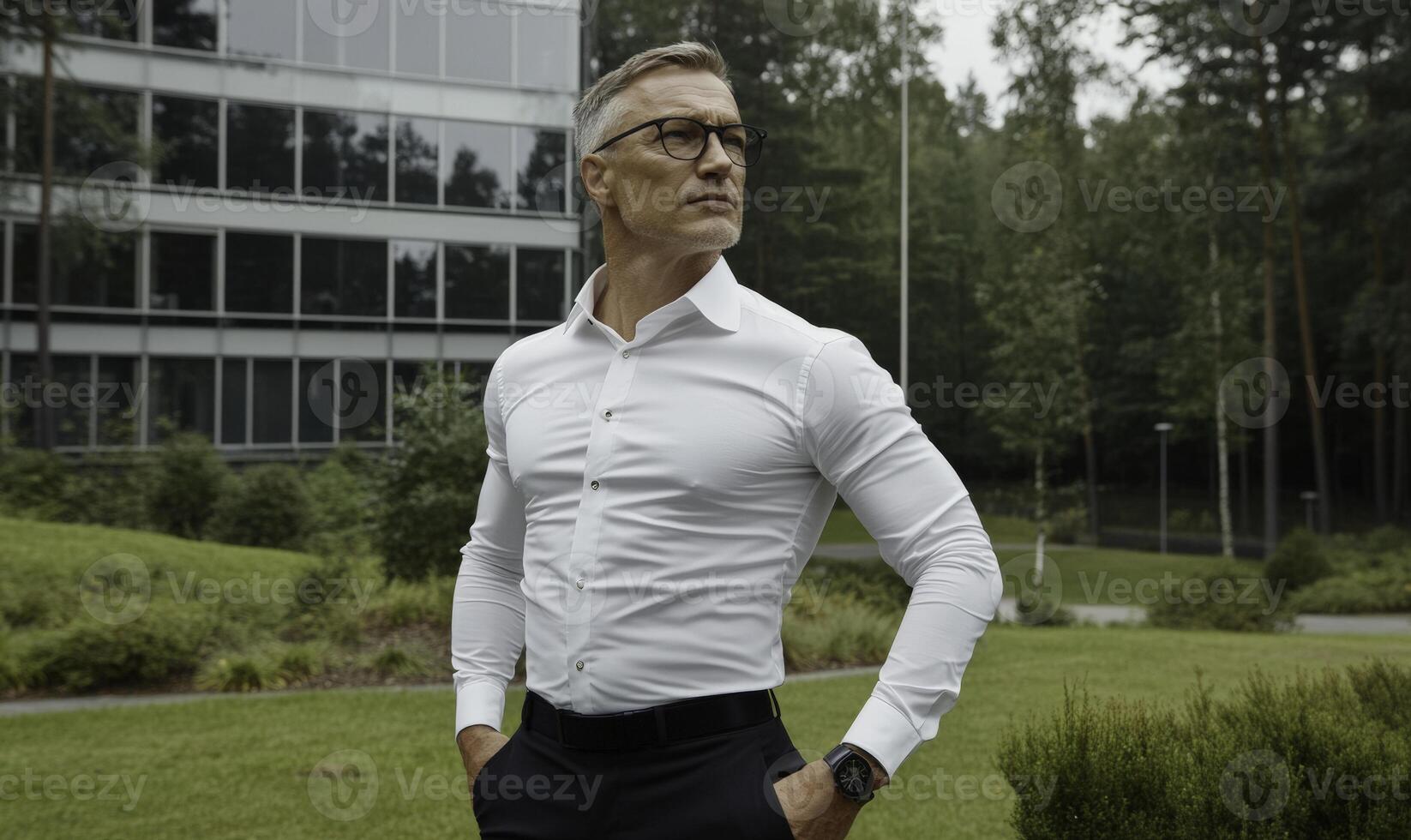 A man in a white shirt and glasses standing in front of a building photo