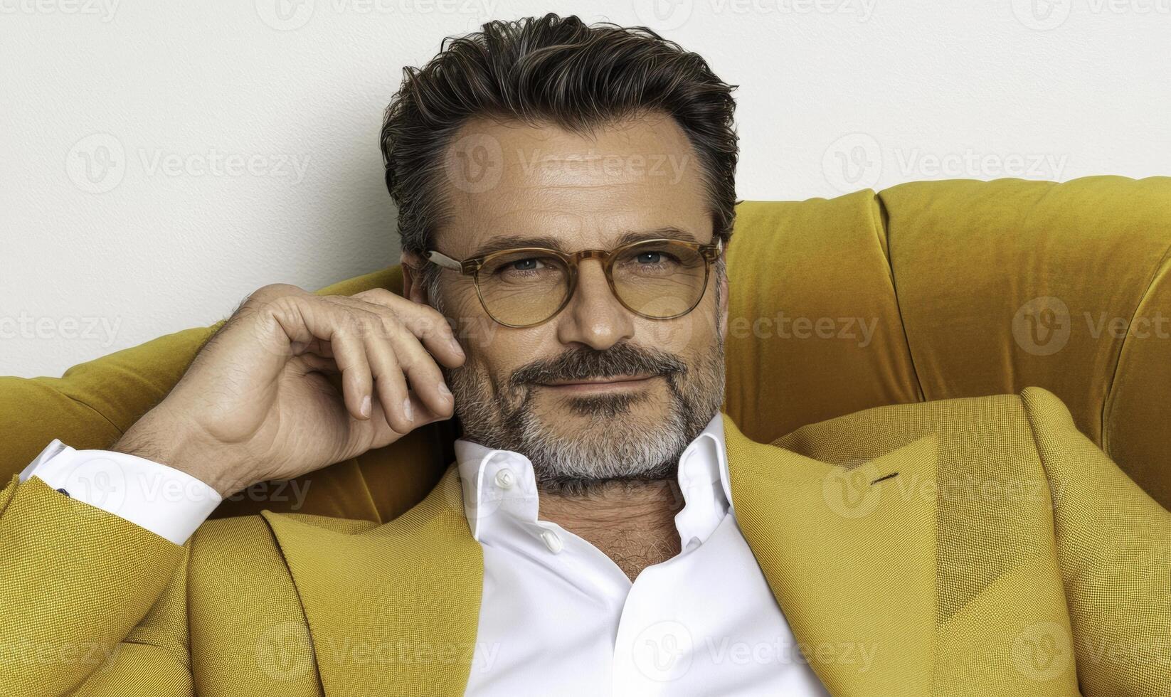 Confident man with stylish glasses and a bright yellow suit relaxing on a vibrant armchair, showcasing modern fashion and self-assured charisma in a studio setting photo