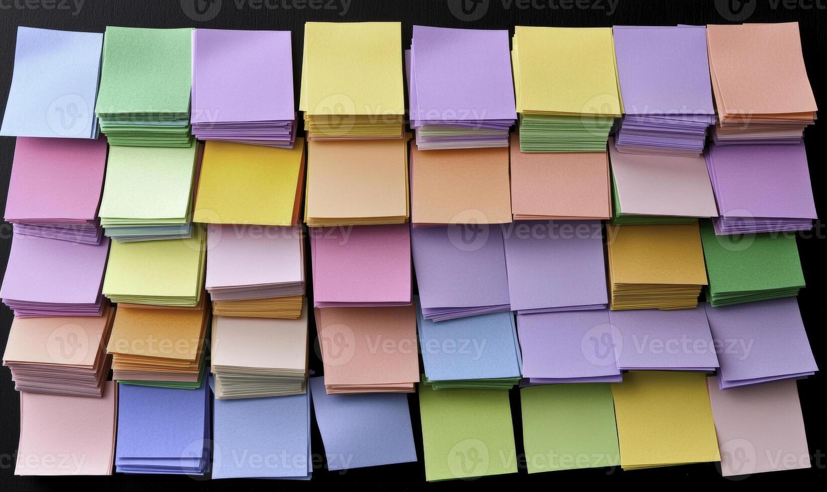 Colorful Sticky Notes Arrangement in Pastel Shades for Creative Organization, Planning, Brainstorming and Study Sessions in Office Environment photo