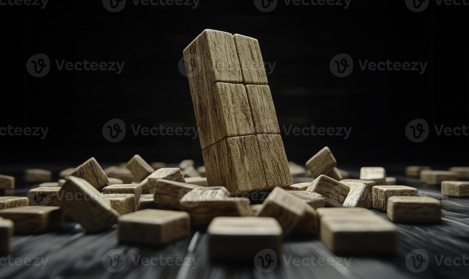 Wooden Blocks Stacked on a Dark Surface with More Blocks Scattered Around, Reflecting Creativity and Playfulness in an Artistic Composition photo