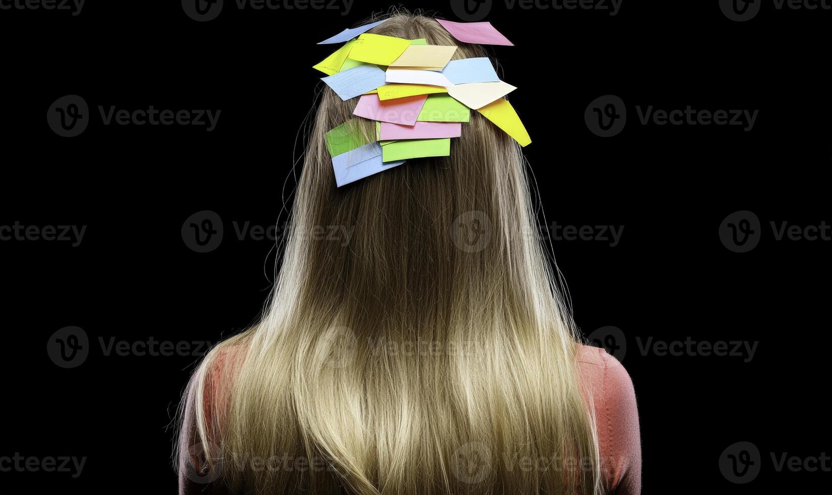 Woman with Long Hair and Colorful Sticky Notes Sticking to Head on Black Background, Symbolizing Ideas and Overload photo
