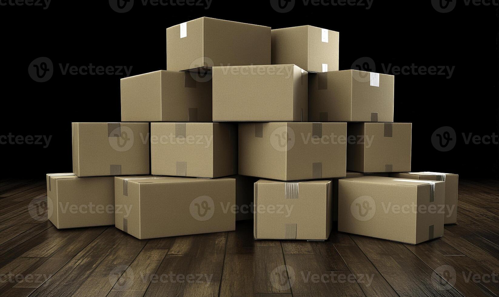 Pile of Cardboard Boxes Stacked on a Wooden Floor with a Black Background, Ideal for Delivery, Shipping, or Moving Concepts in Stock Photography photo