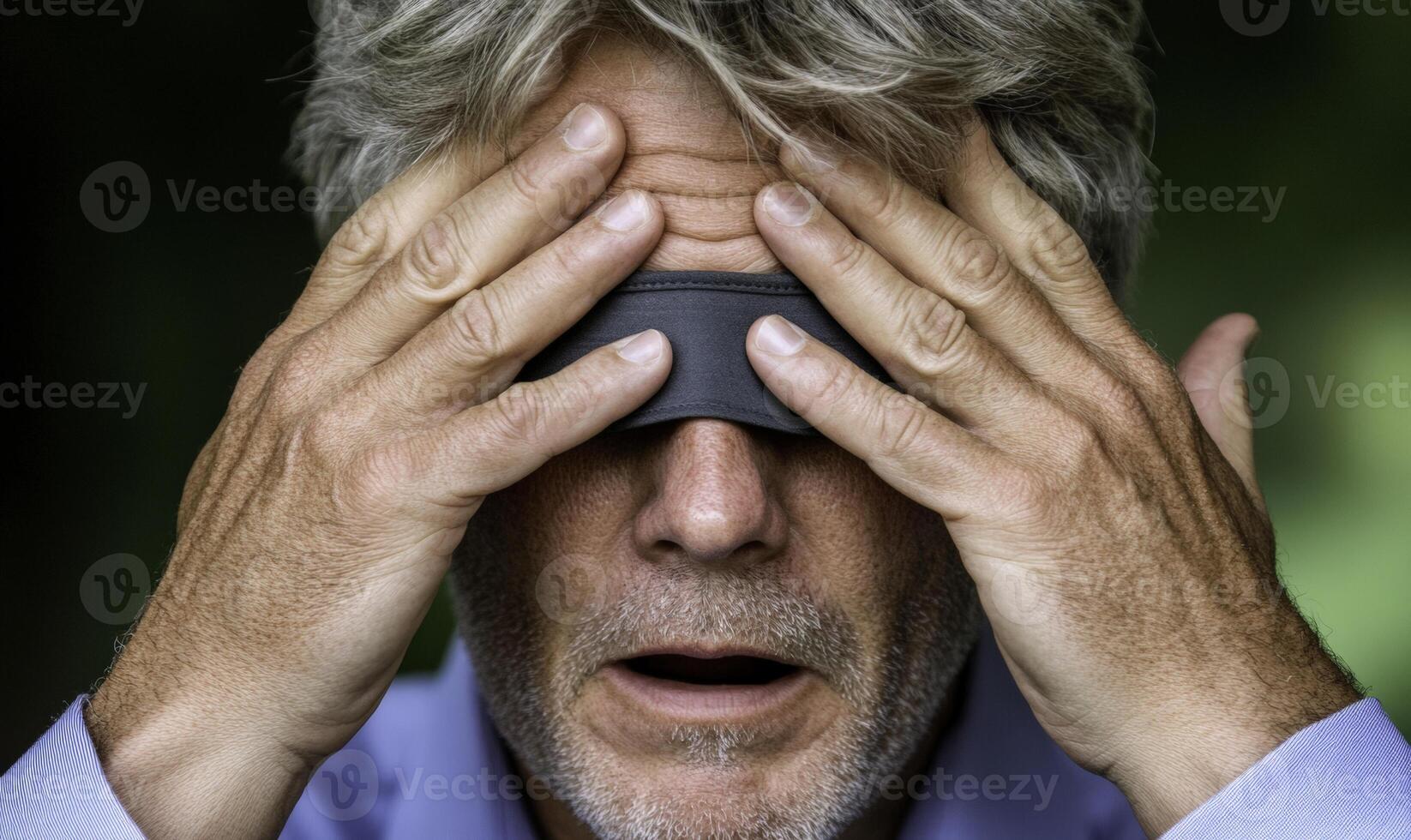 Man with gray hair covers eyes with blindfold expressing surprise, focus, and deep contemplation in a serene outdoor setting, evoking strong emotions photo