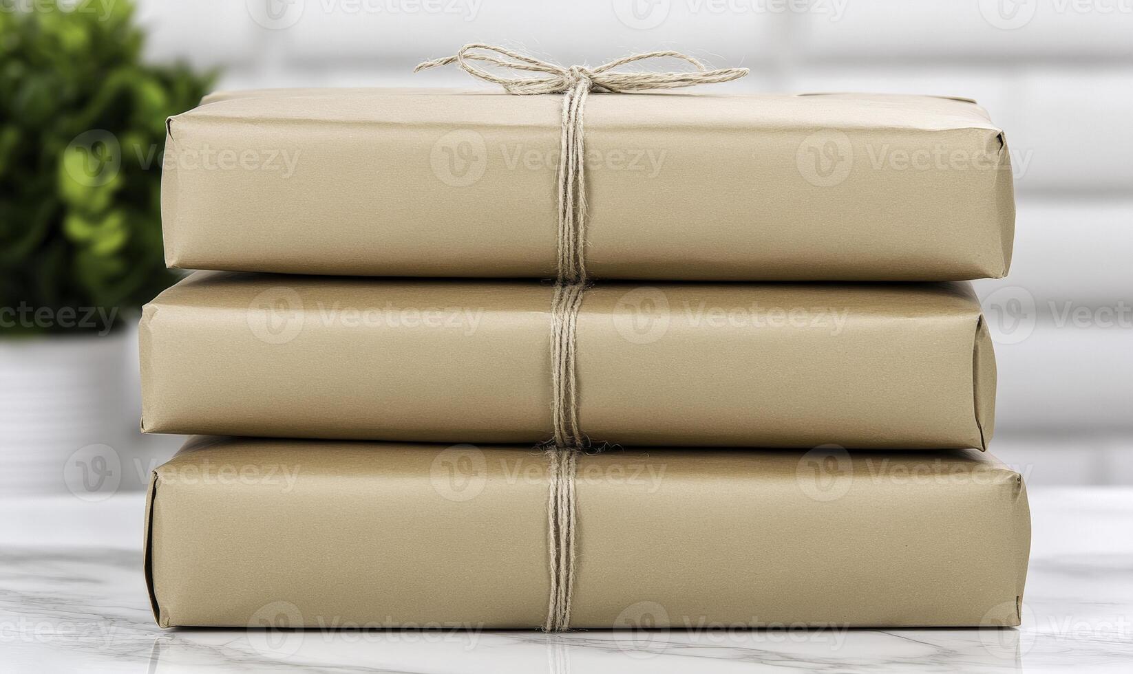 Three wrapped brown boxes on a marble counter photo