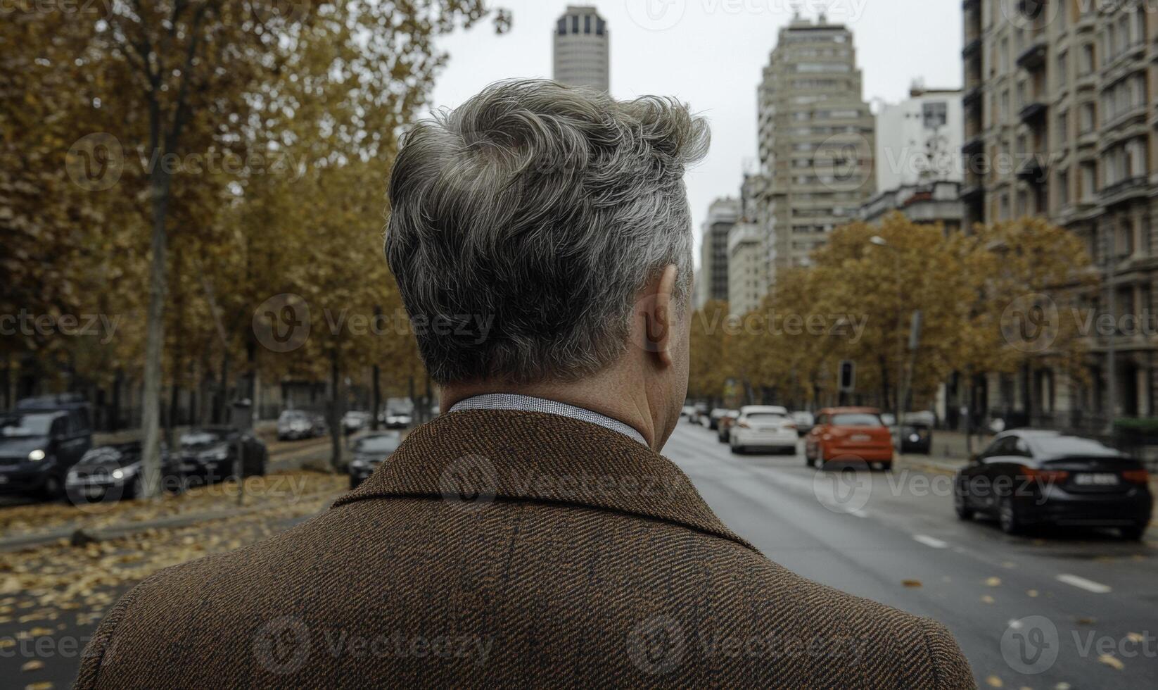 Man in brown coat walking down city street lined with trees and fallen leaves, autumn season with modern buildings in the background, urban lifestyle photo
