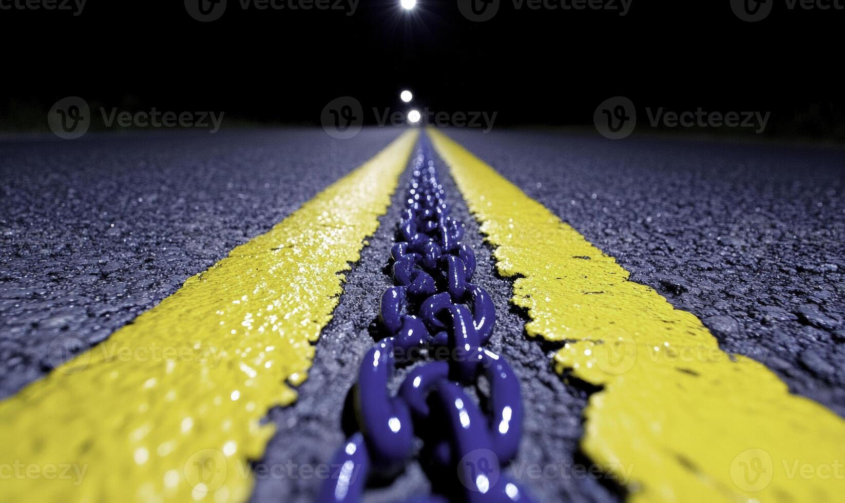 Abstract view of a bright blue chain on a wet asphalt road with yellow lines, captured at night to create a striking and dynamic composition photo