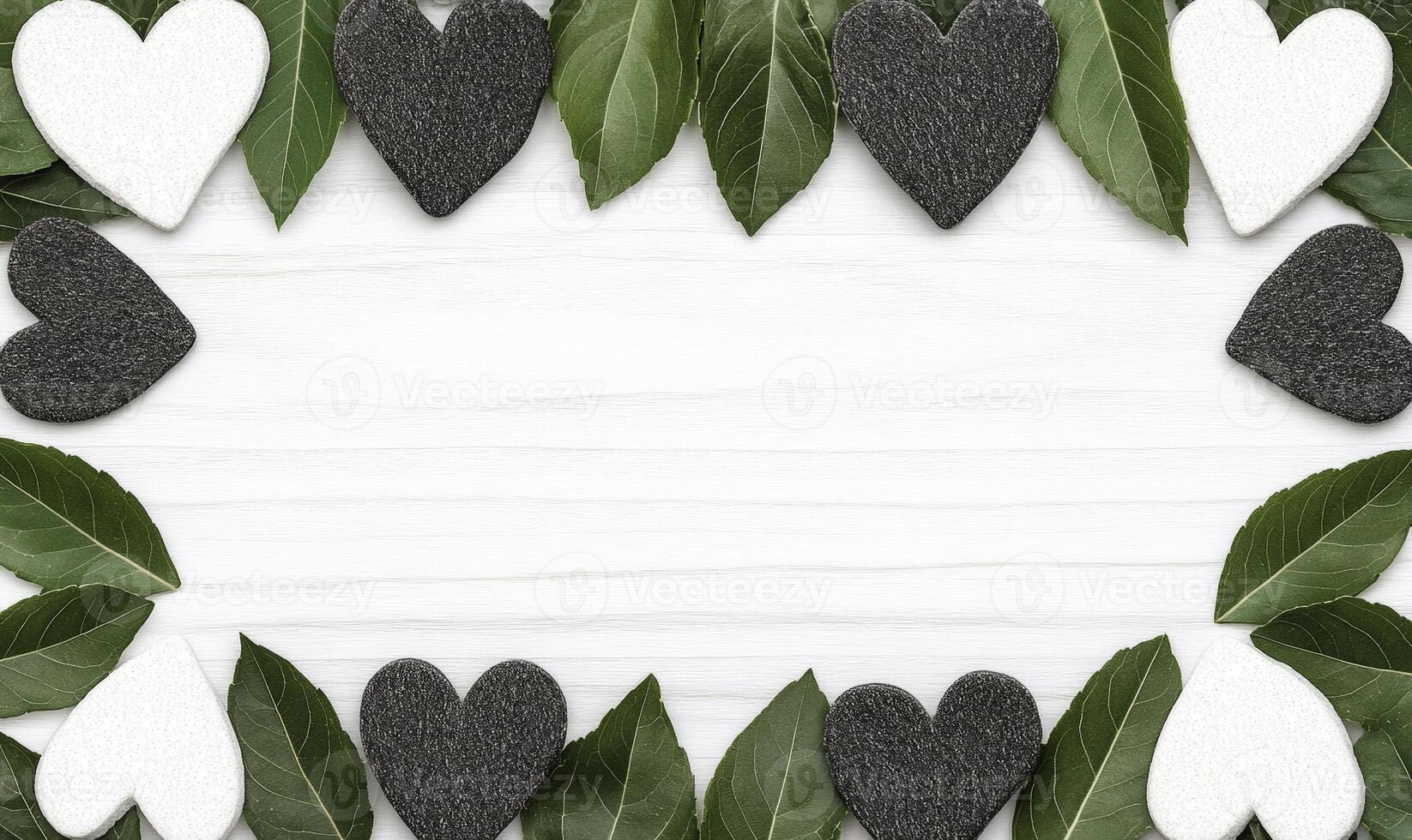 Decorative Frame with Heart Shapes and Green Leaves on White Wooden Background for Creative Design Projects or Romantic Themes photo