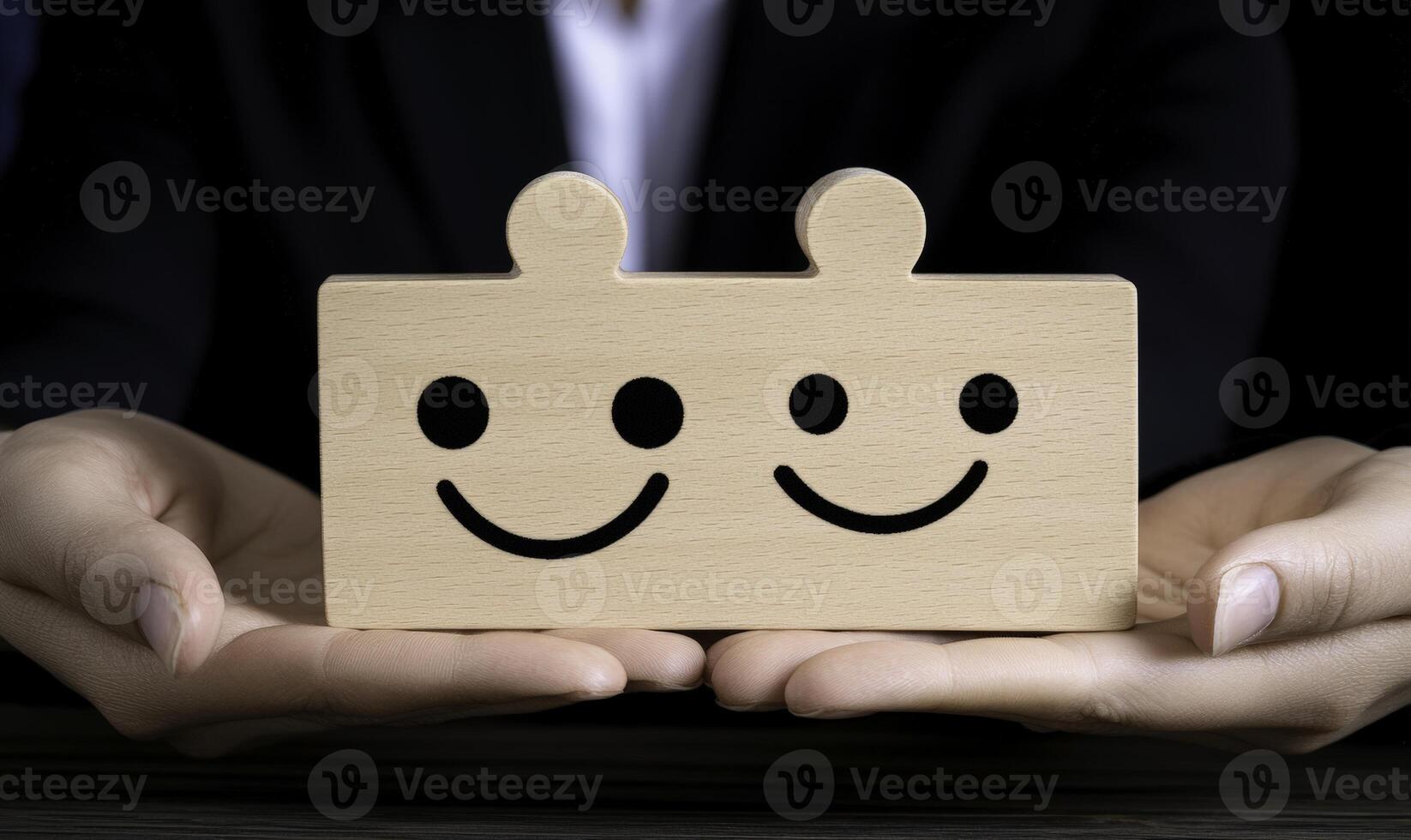 Wooden block with two happy face engravings held by hands representing joy, connection, teamwork, and positive emotions in a professional setting photo