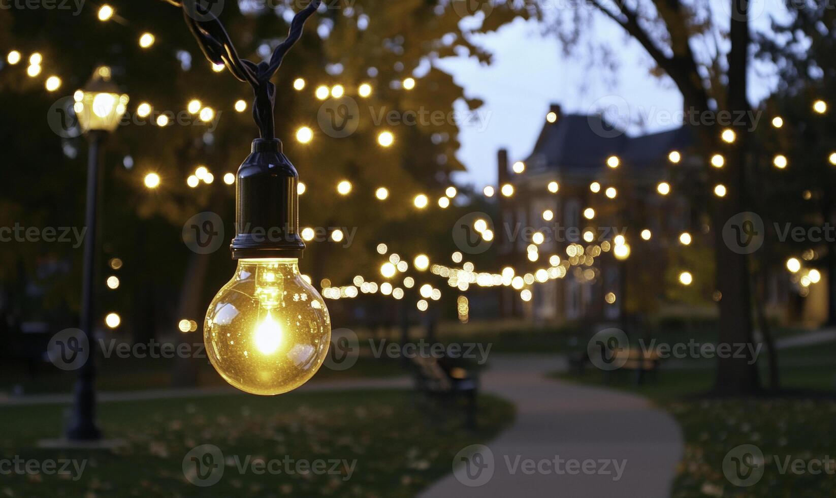 Warm glowing bulb hanging in outdoor setting with string lights illuminating park pathway and trees under twilight sky creating cozy atmosphere photo