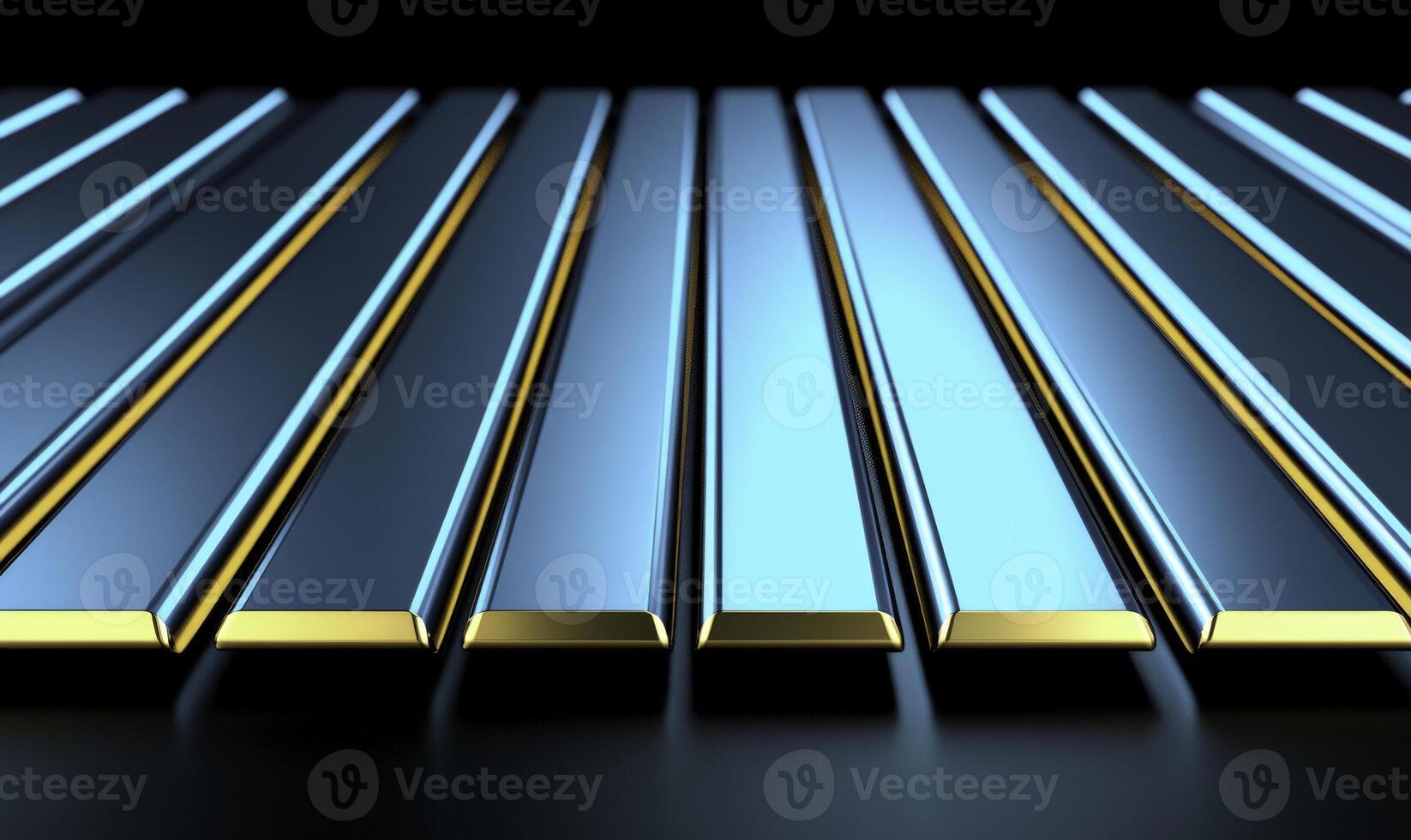 Metallic Surface with Blue and Gold Color Contrast, Reflective Bars Aligned in Perspective, Modern Abstract Background for Design Projects photo
