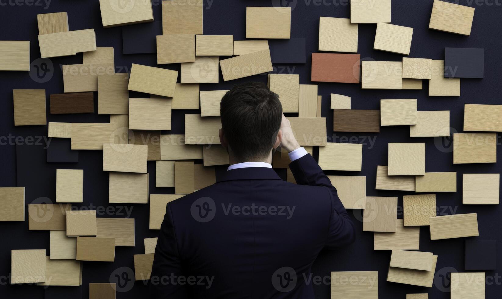 Businessman in Suit Selecting Wood Samples from Wall, Engaging in Material Choice for Design or Construction Project in Modern Office Setting photo
