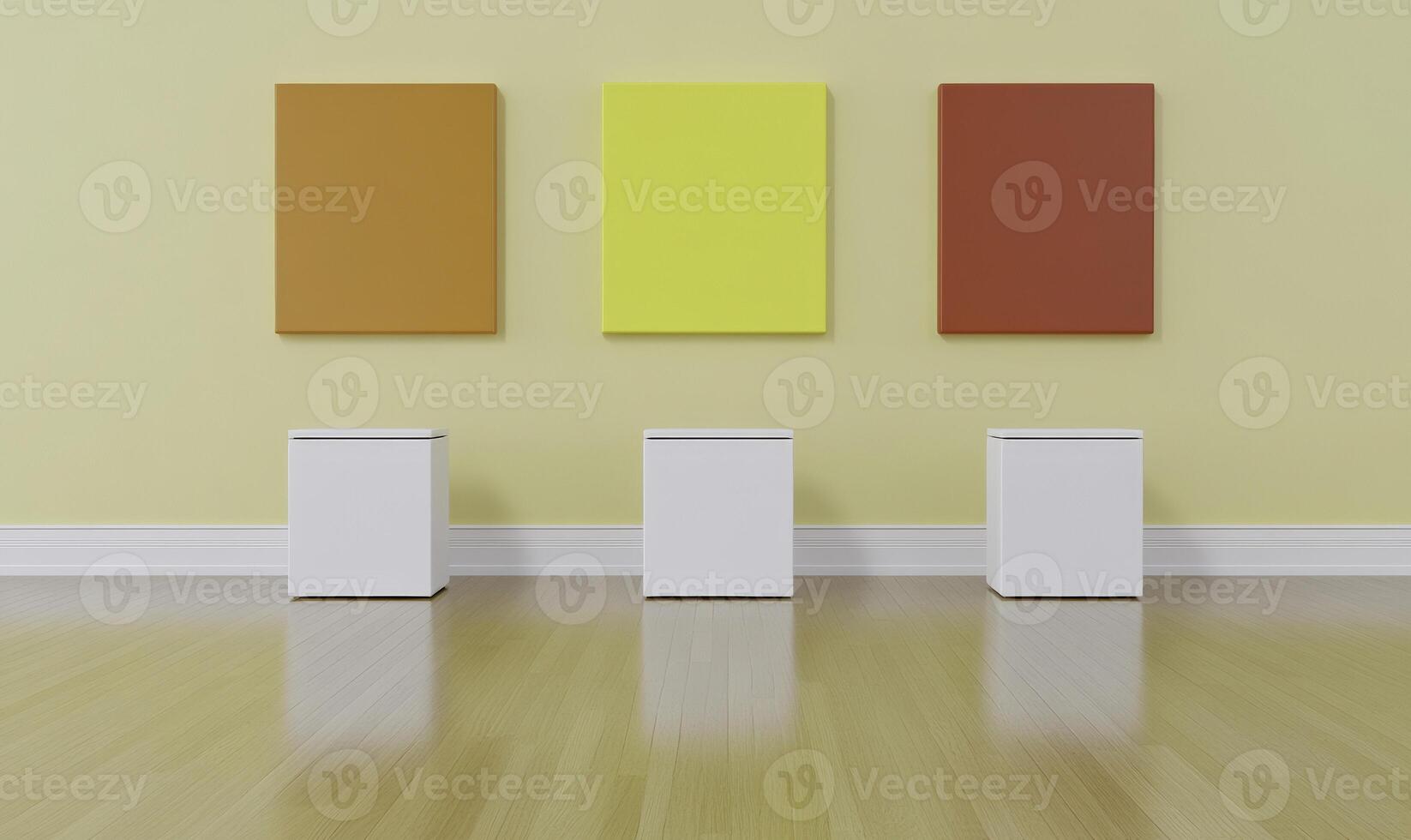 Bright and Colorful Art Display with Orange, Yellow, and Red Paintings on Wall Above Minimalist White Cubes in Modern Interior Space photo