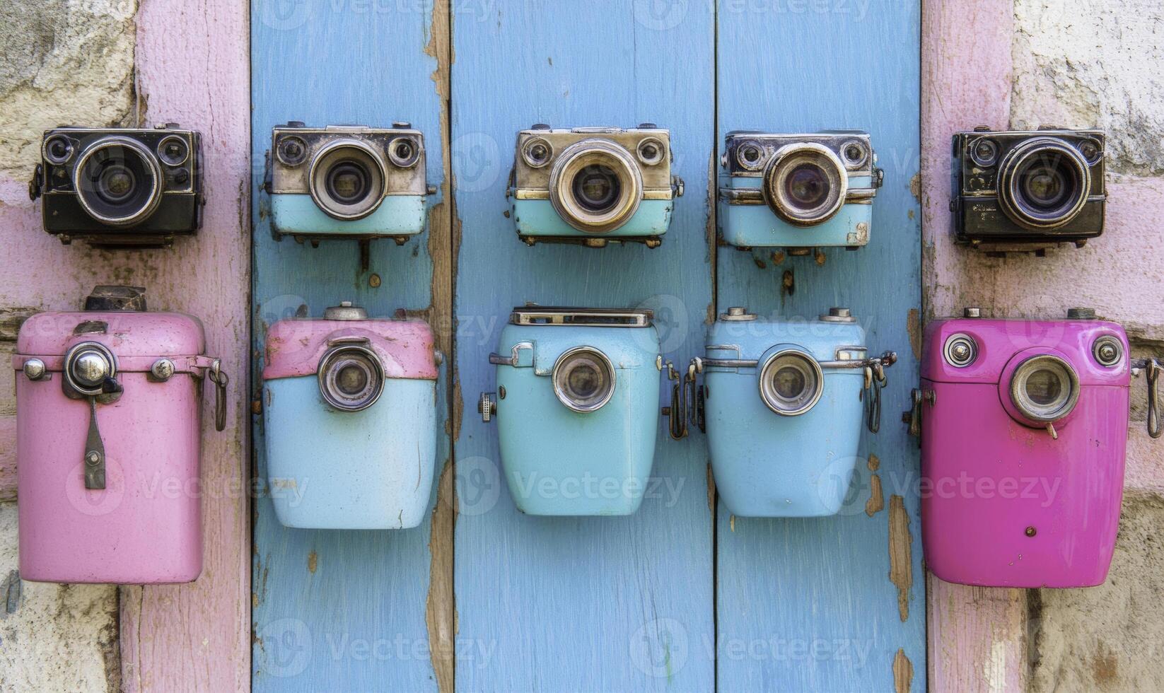 Vintage Cameras Displayed on Colorful Wooden Background with Soft Lighting for Nostalgic and Retro Photography Lovers photo
