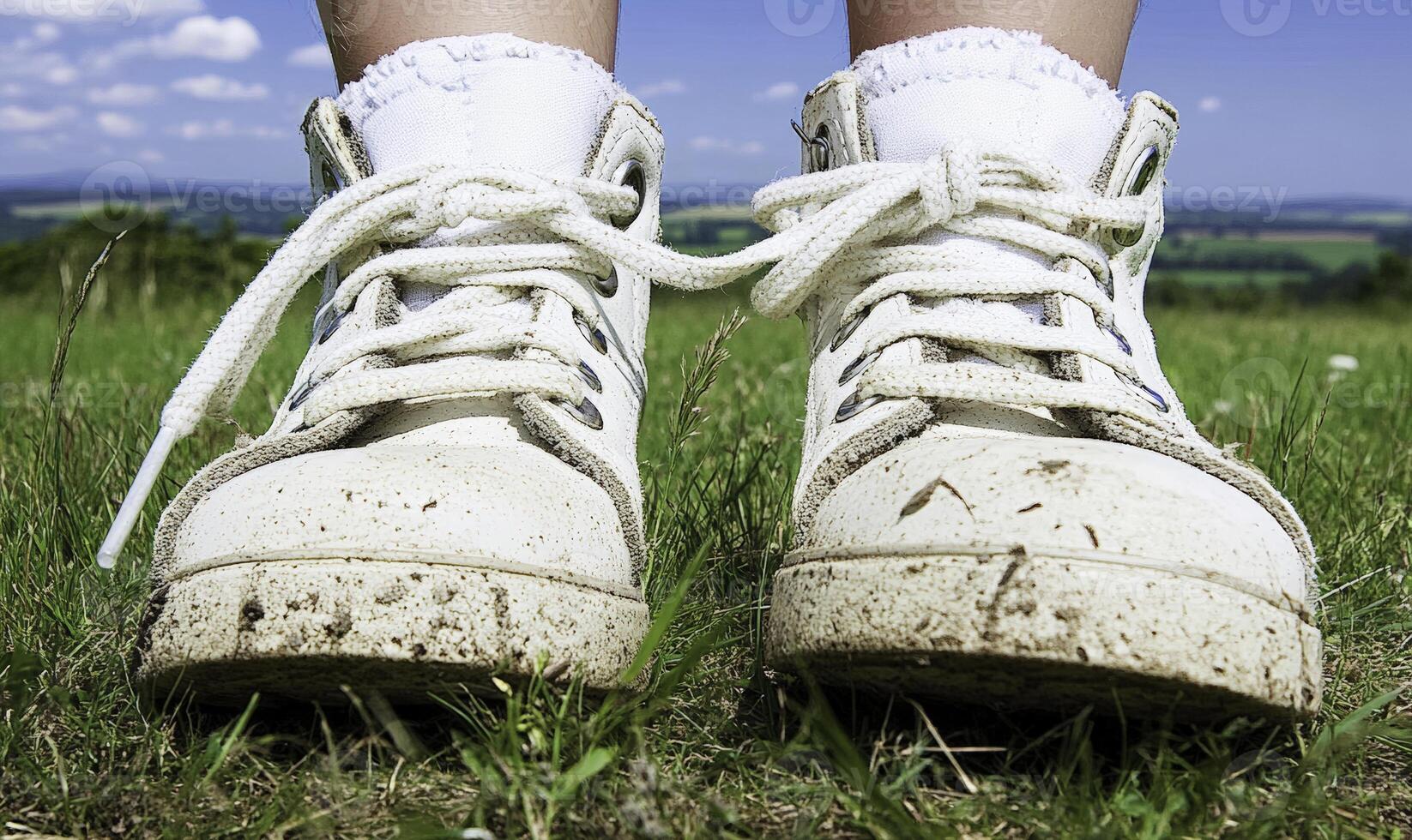 A close-up of muddy white sneakers worn by a person standing on a grassy field with a scenic landscape and blue sky in the background photo