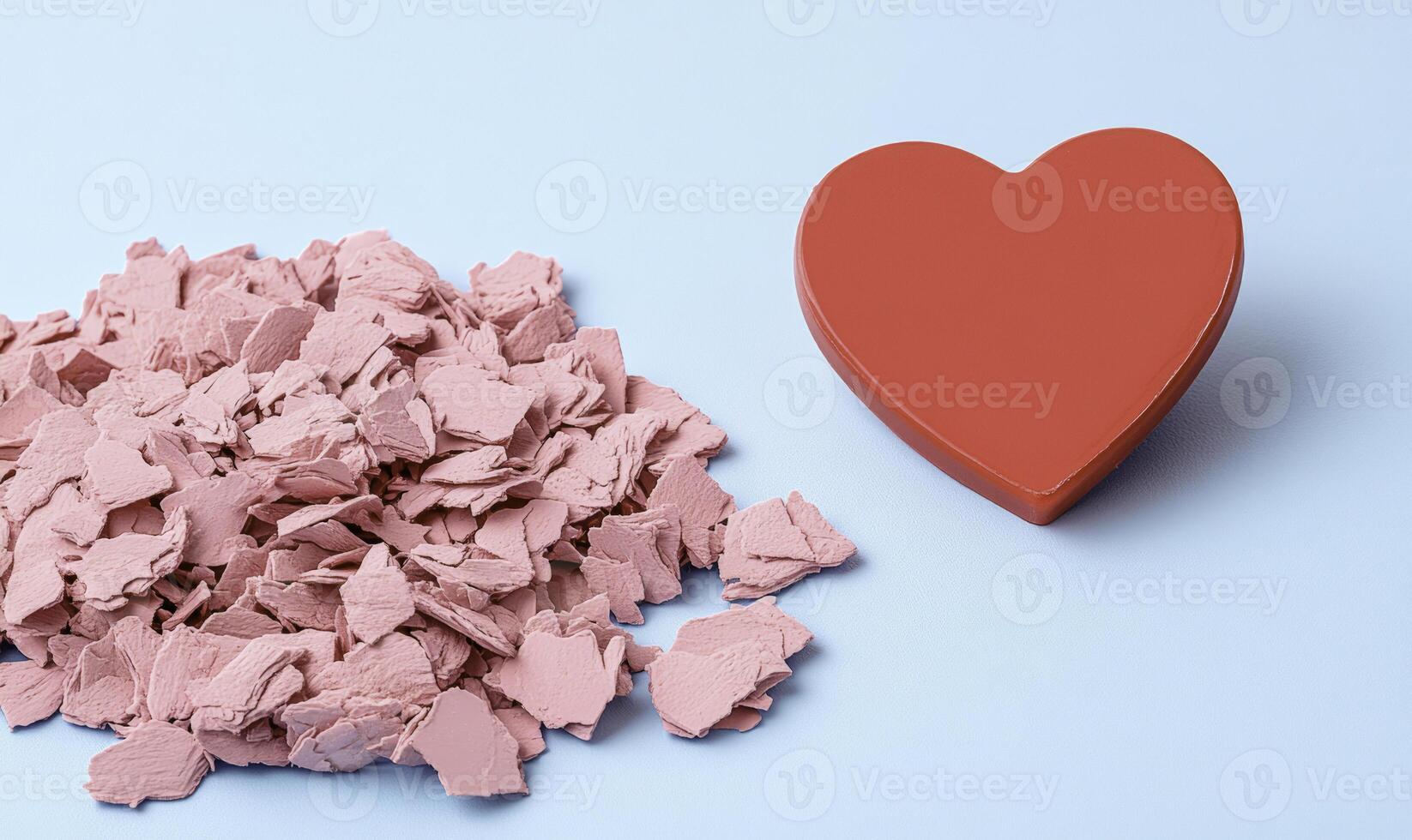 Colorful Heart-Shaped Box on Light Blue Background with Decorative Pink Heart Confetti Pile Creating a Charming Valentine's Day Atmosphere photo