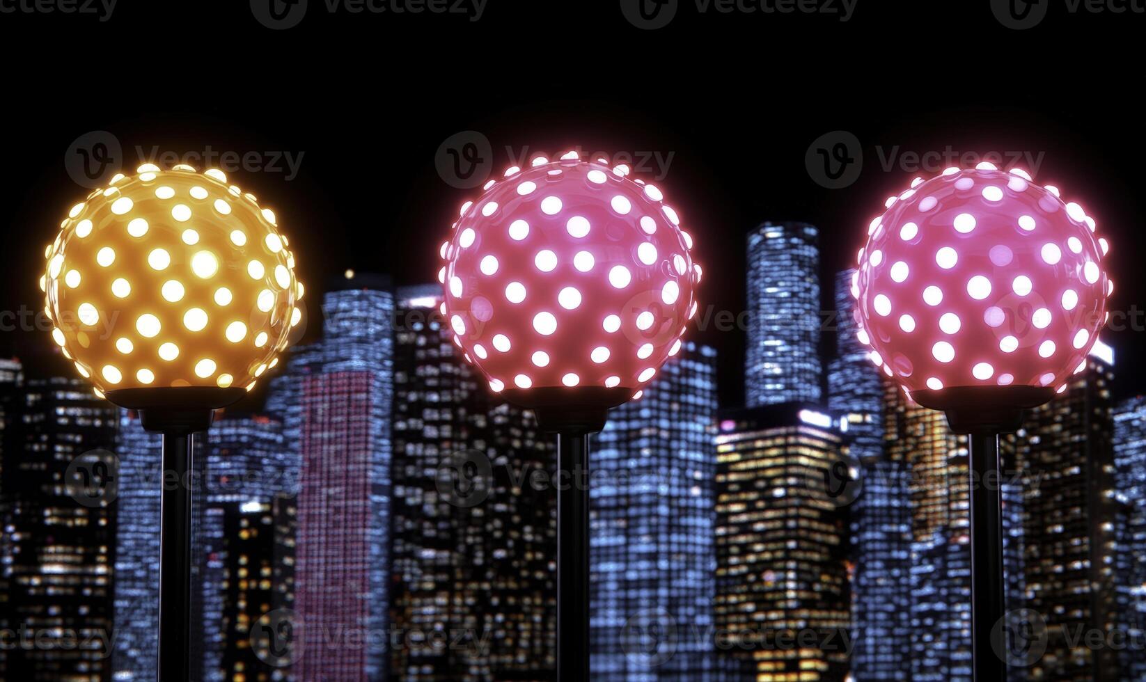 Colorful illuminated spheres on poles with a vibrant city skyline in the background showcasing modern architecture at night with glowing lights photo