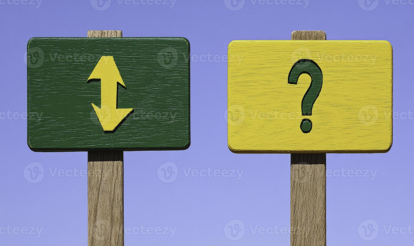 Directional Signs Indicating Upward and Question Symbol Against Clear Sky Background for Guidance and Navigation Concepts photo