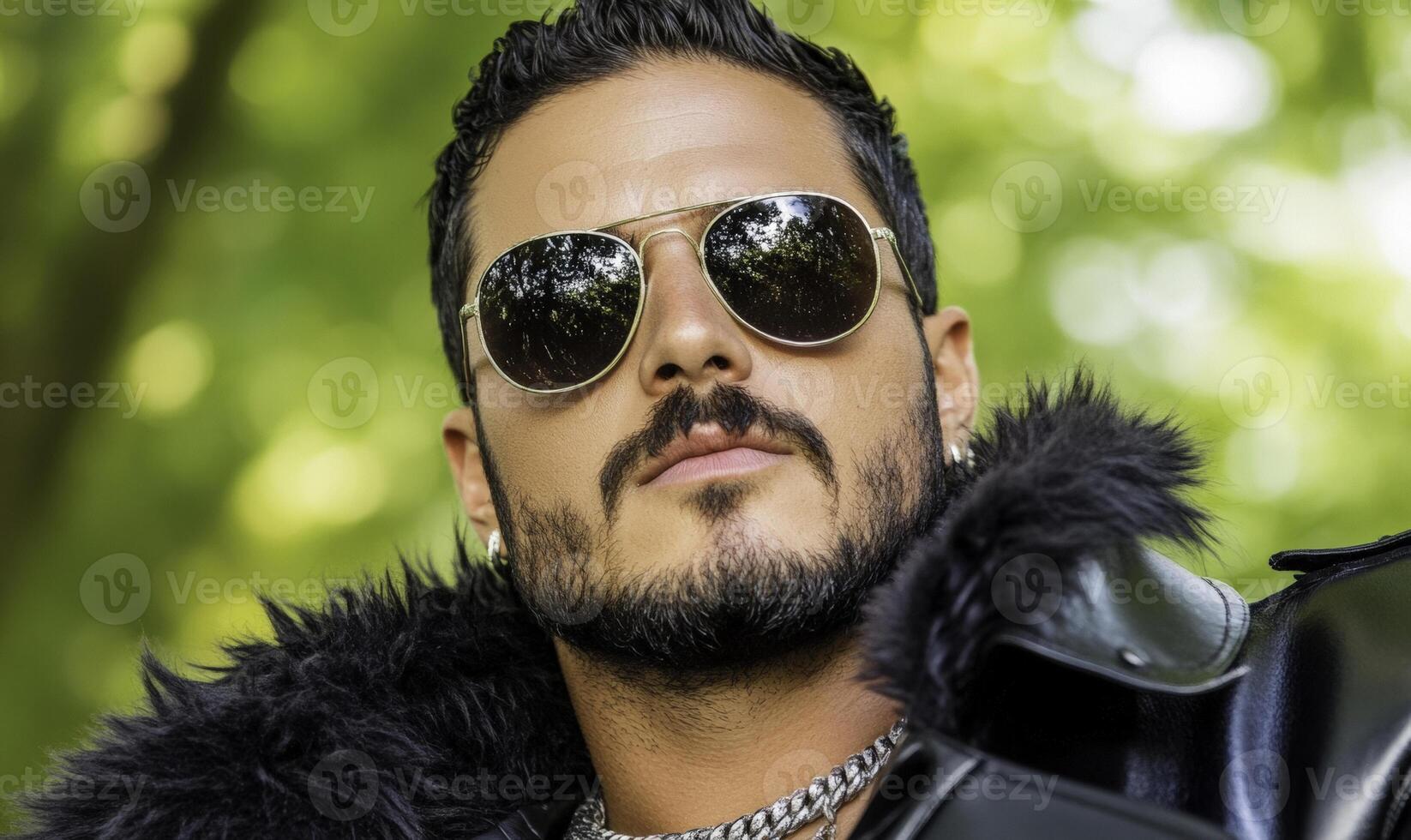 Confident man with stylish sunglasses and black fur collar jacket poses outdoors, showcasing fashion and attitude in natural setting with blurred background photo
