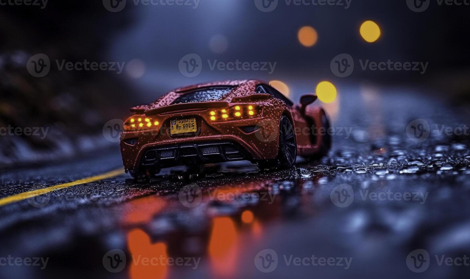 Red sports car model parked on wet road during evening with blurred lights, reflections, and vibrant colors showcasing detail and atmosphere photo