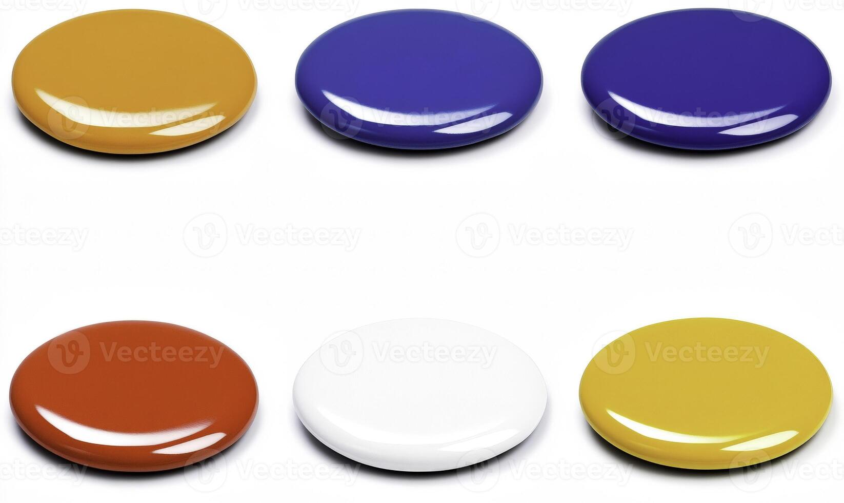Six Colorful Glossy Round Paint Dots in Orange, Blue, Red, White, Yellow on a Clean White Background for Creative Design and Art Projects photo