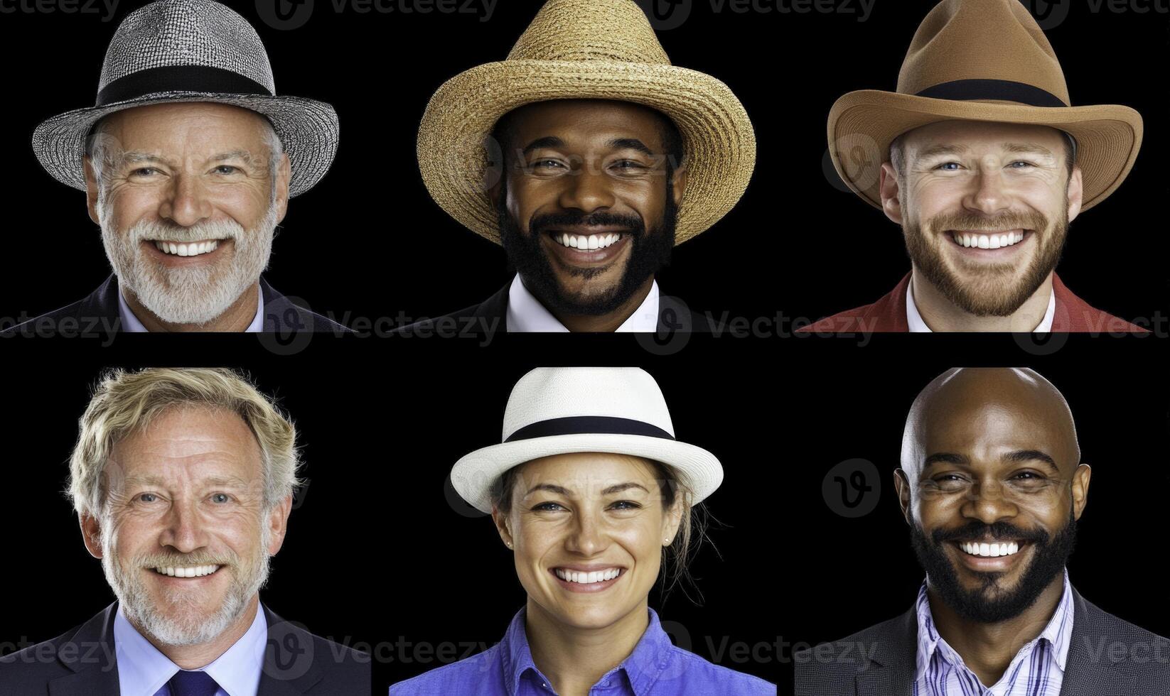 A Diverse Group of Six Smiling Men Wearing Various Hats Against a Black Background Showcasing Confidence, Joy, and Friendly Charm photo