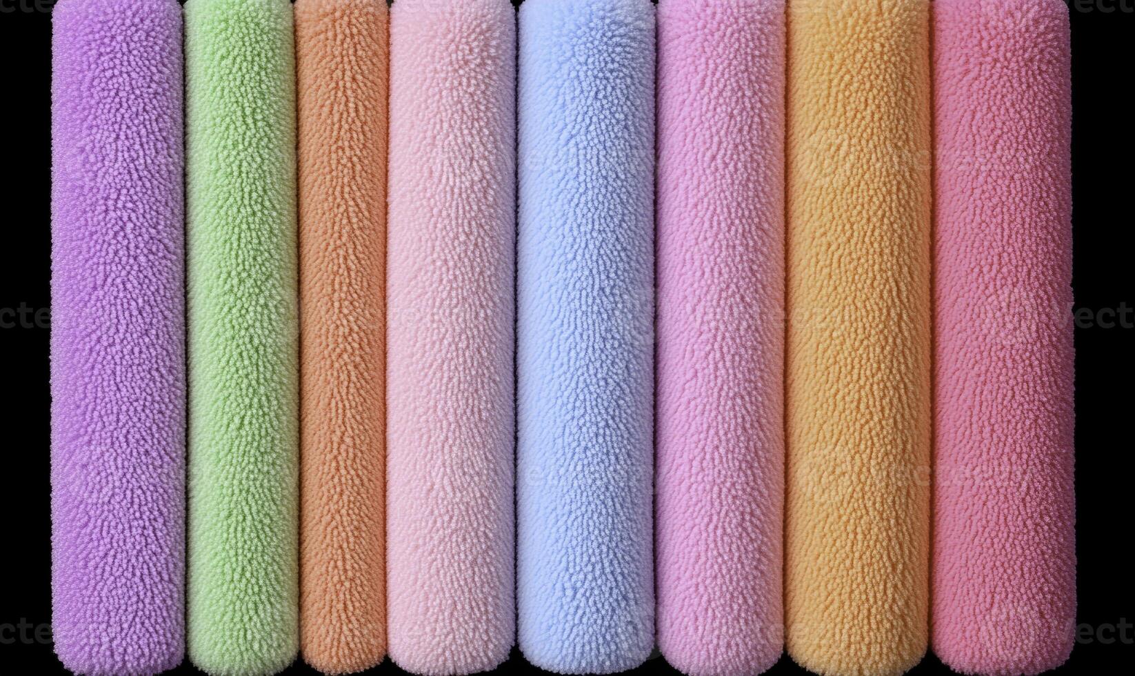 Colorful Fabric Rolls Displayed in a Row, Featuring Soft Textures in Pastel Shades of Pink, Green, Purple, and Orange on a Dark Background photo