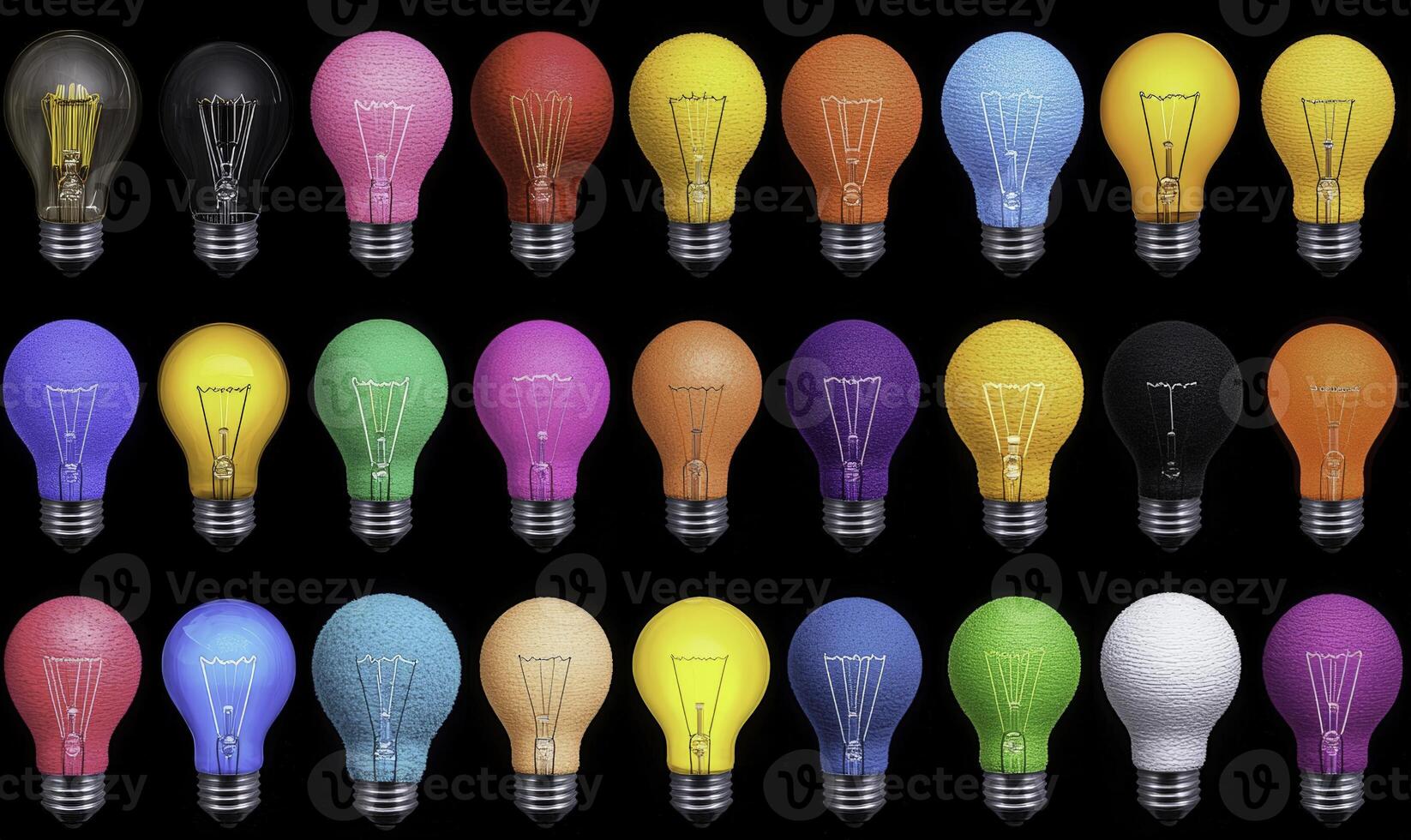 Colorful Collection of Vintage Light Bulbs Displayed in Rows on Black Background, Perfect for Creative Projects and Modern Design Inspirations photo