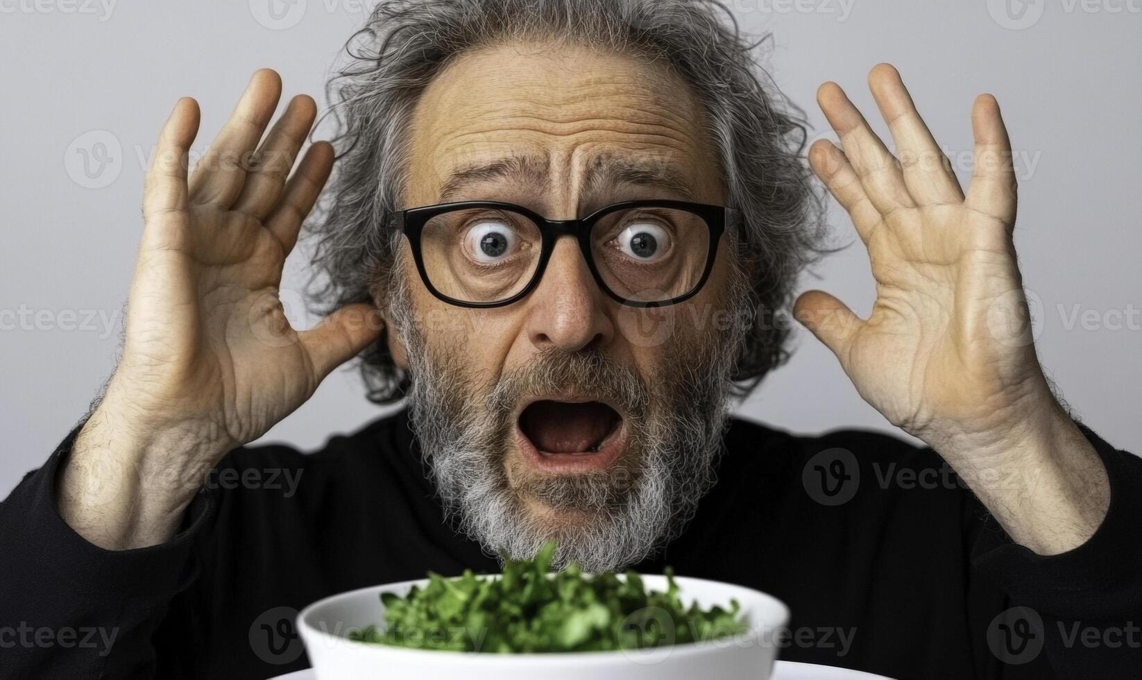 Man with shocked expression standing near bowl of fresh green salad, conveying surprise and excitement about healthy food choices and nutritious eating habits photo