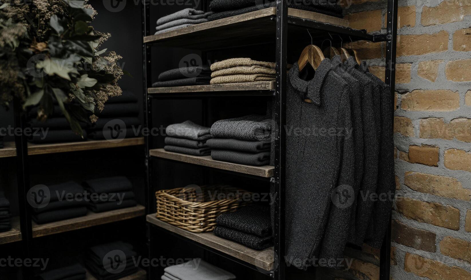 Cozy Home Interior With Stylish Open Shelves Displaying Neatly Folded Knitwear And Hanging Sweaters Against A Rustic Brick Wall Backdrop photo