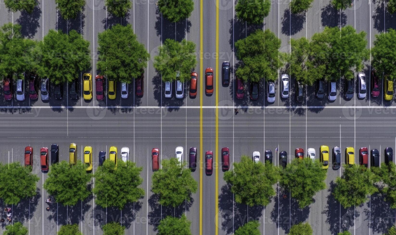Aerial View of Urban Parking Lot Featuring Colorful Cars and Lush Green Trees Between Parking Spaces in a Busy City Setting photo