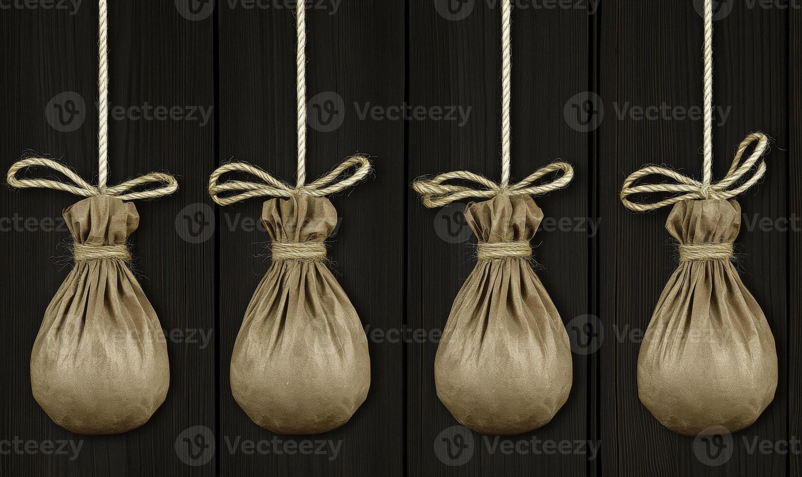 Elegant Fabric Bags Hanging Decoratively on Ropes Against a Dark Wood Background for Rustic and Vintage Themed Design Projects photo