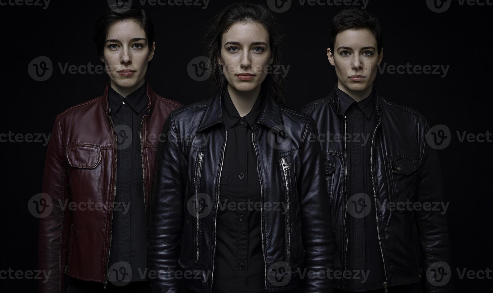Three Women in Stylish Jackets Against a Dark Background Featuring Unique Expressions and Attitudes in a Studio Setting photo