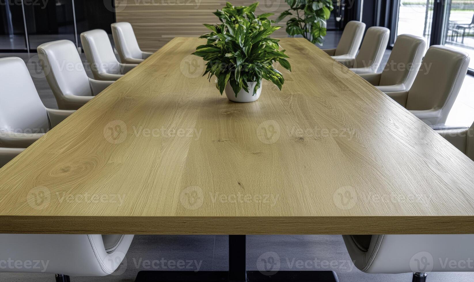 Modern Conference Room with Wooden Table and Indoor Plant Surrounded by Stylish White Chairs in Contemporary Office Environment photo
