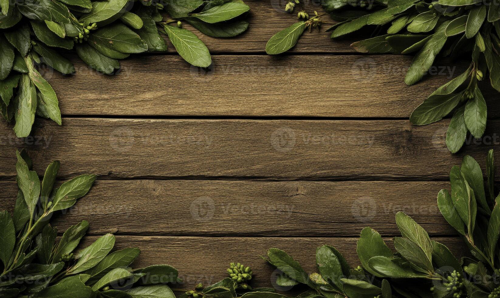 Fresh Green Leaves Framing Rustic Wood Background for Nature Inspired Designs, Crafts, and Creative Projects photo