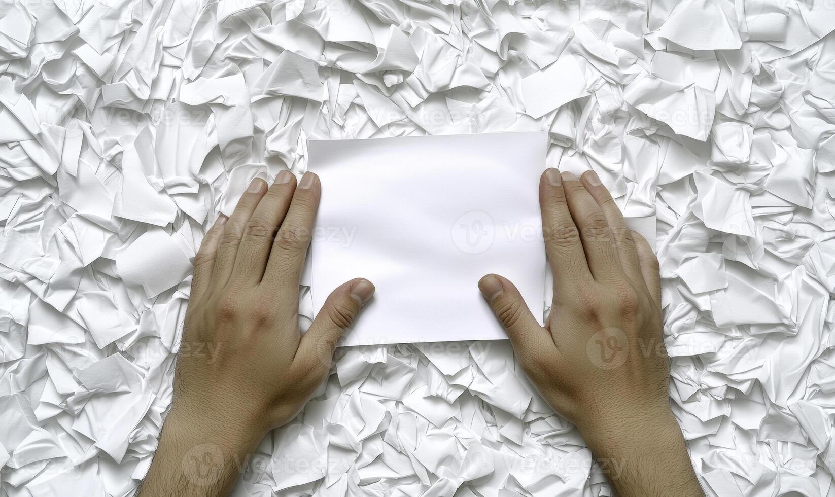 Blank White Sheet of Paper Being Held Above Piles of Crumpled White Paper Background Illustrating Concept of Fresh Ideas and Creativity in a Workspace photo
