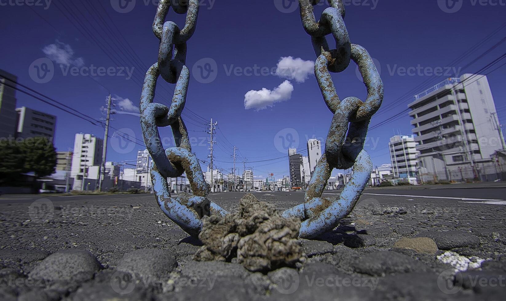 Blue Chain Link Over Ground with City Background Under Clear Sky, Urban Scene with Buildings and Open Space, Perspective Viewpoint, Vibrant Contrast, Clear Day photo