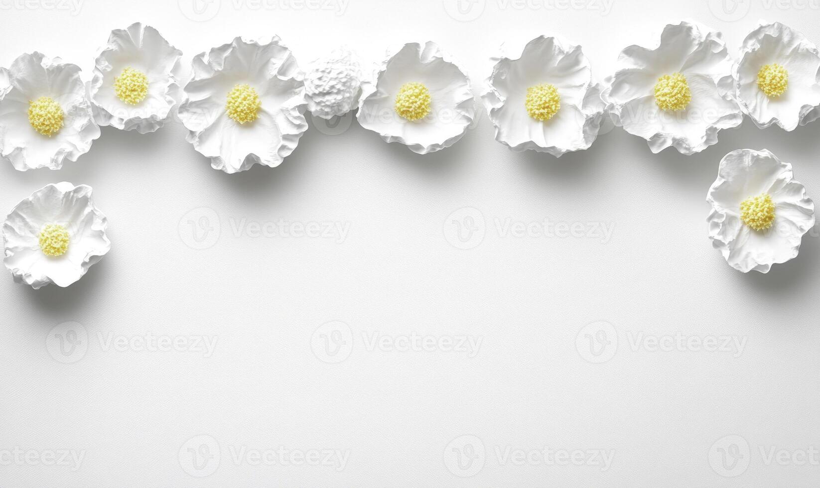 Elegant Arrangement of White Flowers with Yellow Centers on a Clean White Background, Ideal for Wedding or Event Invitations and Floral Designs photo