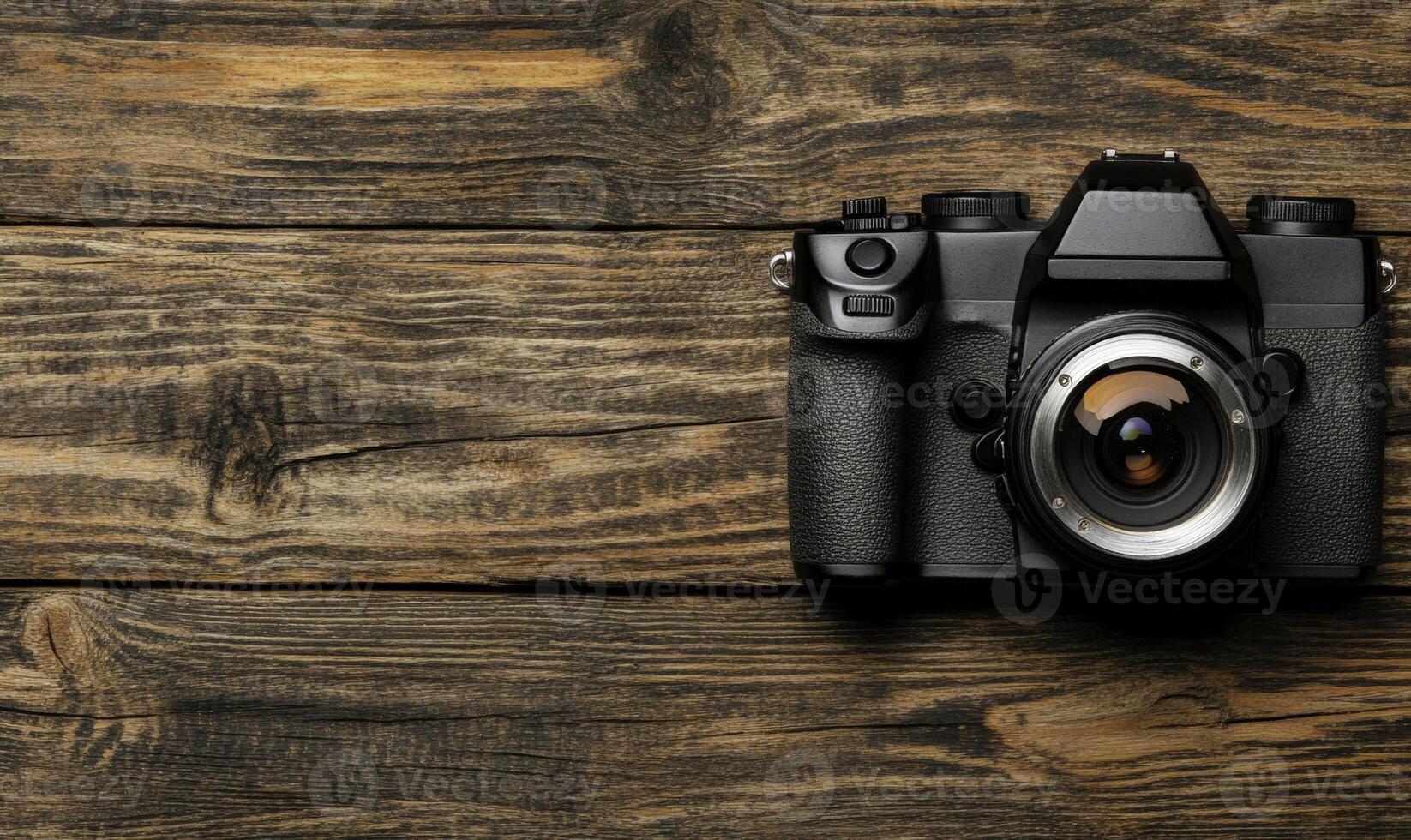 Vintage camera placed on rustic wooden surface with natural textures and warm tones, capturing the essence of photography and creative artistry photo