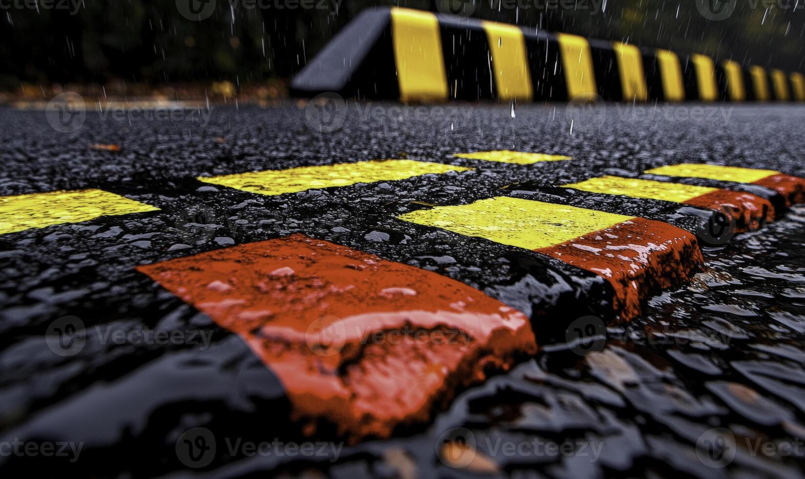 Vibrant Road Markings with Fragrant Raindrops on Asphalt Surface, Capturing the Essence of a Rainy Day in Urban Outdoor Environment photo