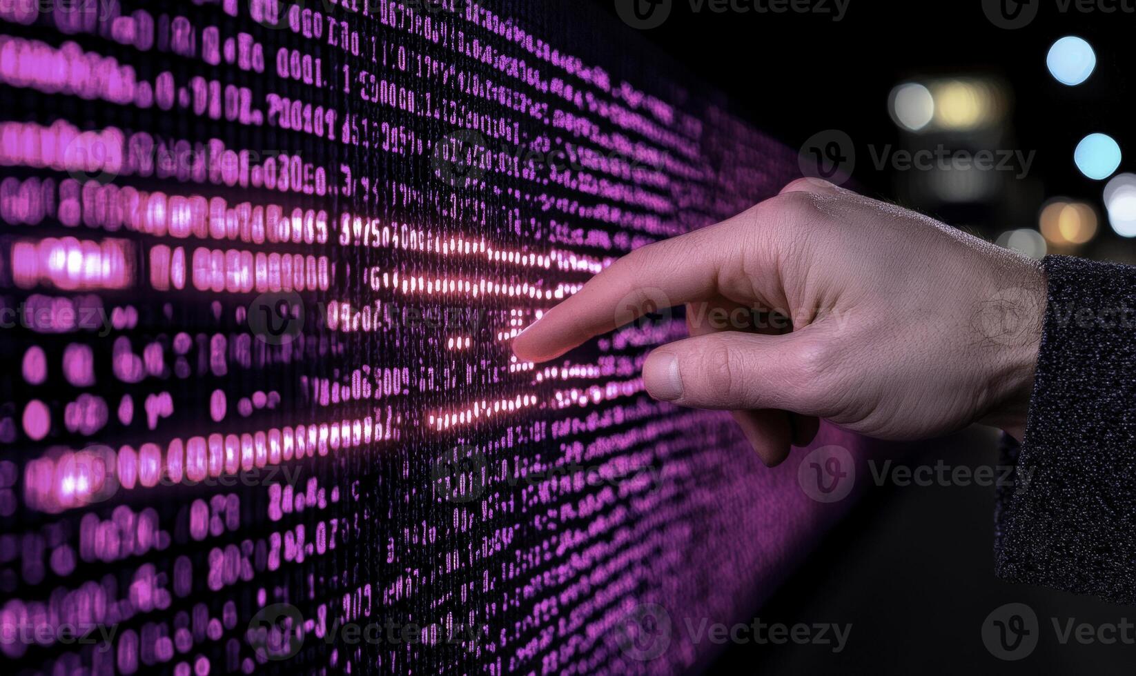 Hand Interacting with Digital Data Display at Night, Illuminated Binary Code in Pink Light, Modern Technology Concept, Information Interaction photo