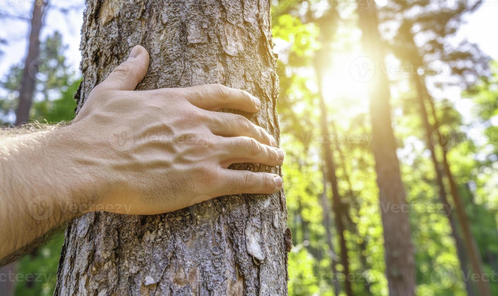 Close-up of a human hand gently touching the bark of a tree in a forest, sunlight filtering through green foliage, symbolizing nature connection and conservation photo