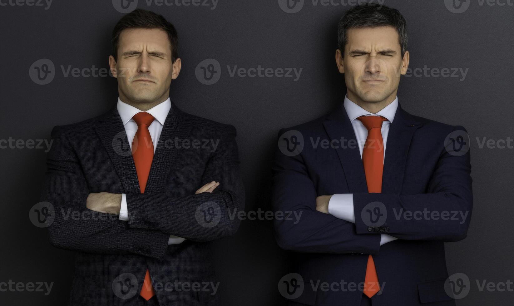 Confident Business Partners Staring Forward in Formal Attire with Red Ties on Dark Background Representing Ambition and Determination in Corporate Culture photo