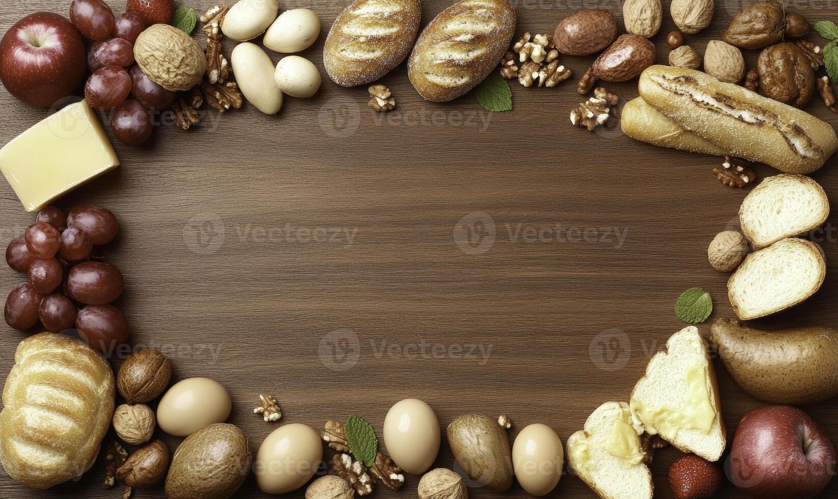 Fresh Bread, Assorted Nuts, Eggs, Juicy Fruits, Wooden Table Background for Culinary and Food-related Stock Photography photo