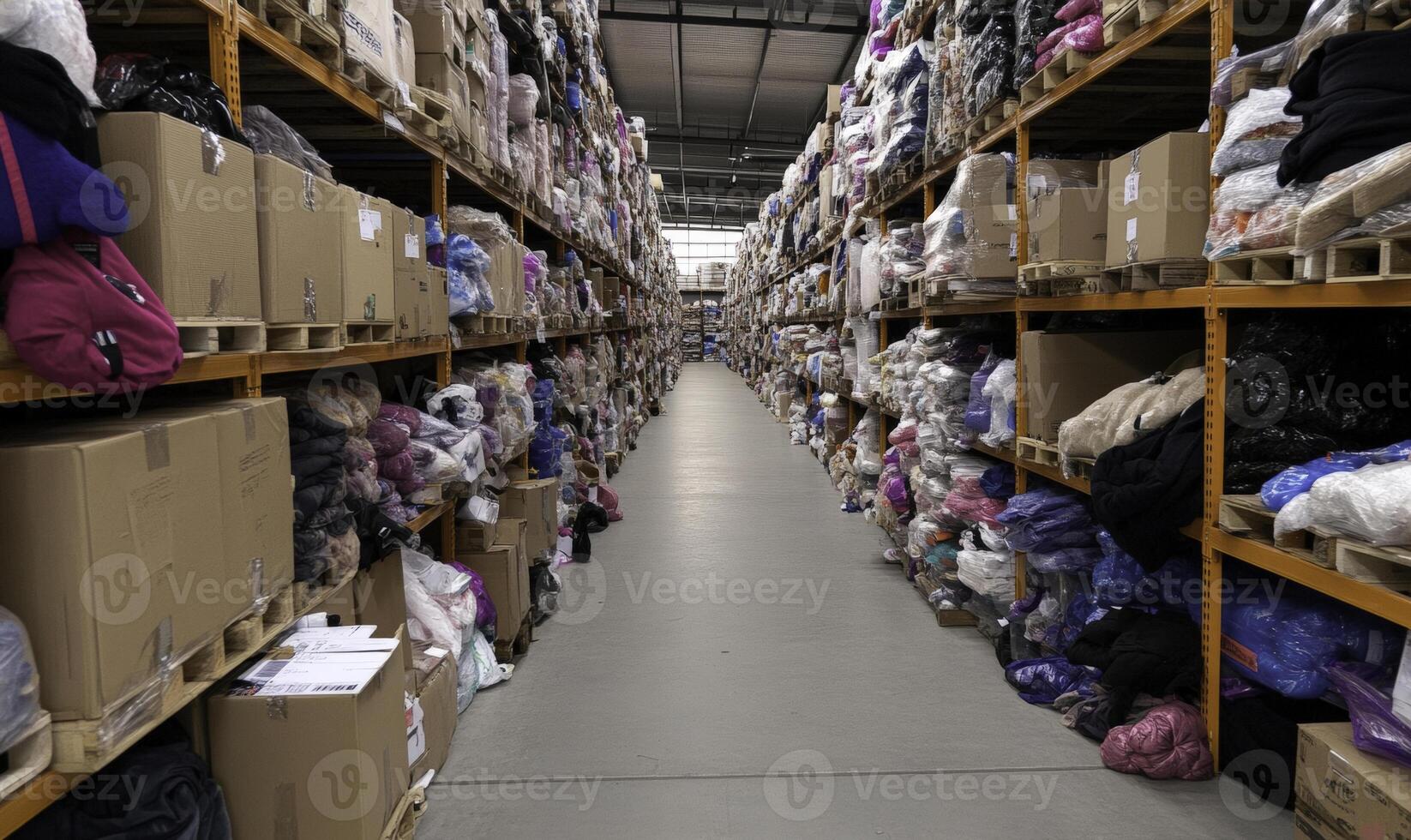 Vast Warehouse Aisle Filled with Colorful Fabric Rolls and Boxes in a Textile Storage Facility for Fashion and Crafting Supplies photo