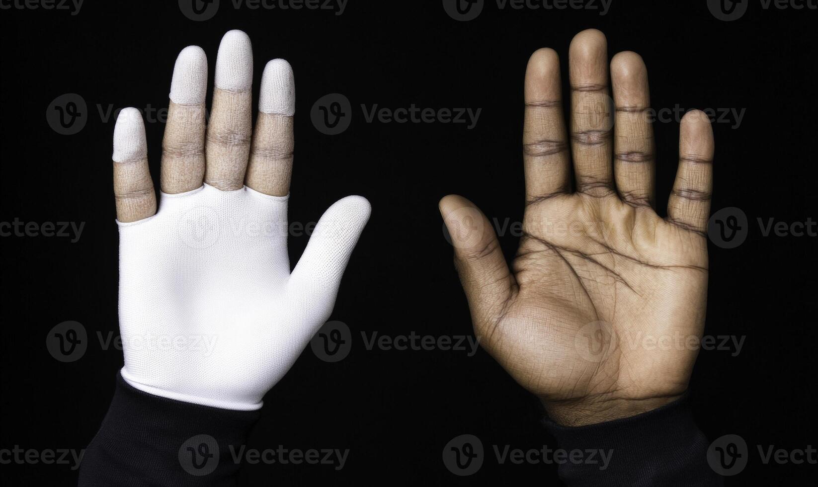 A stark contrast between a gloved hand and a bare hand against a dark background, illustrating themes of protection, identity, and tactile experience photo