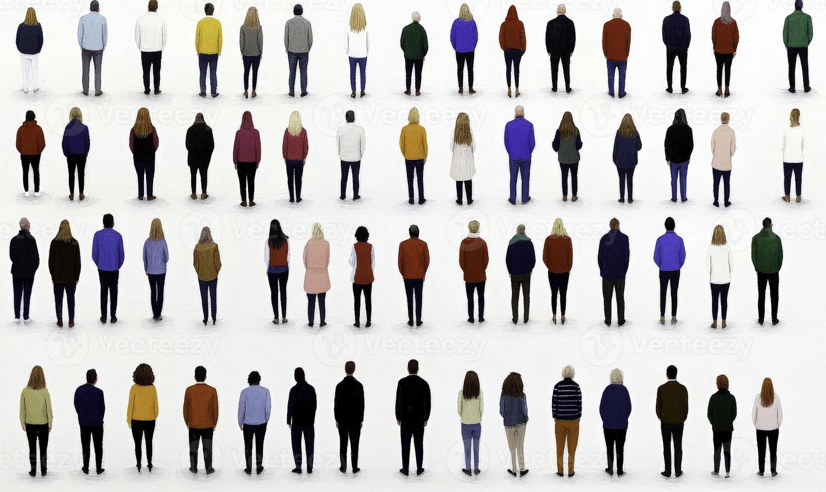 Diverse Group of People Standing Together in a Minimalist Setting, Representing Unity, Inclusivity, and Community Spirit in Various Attire Styles photo