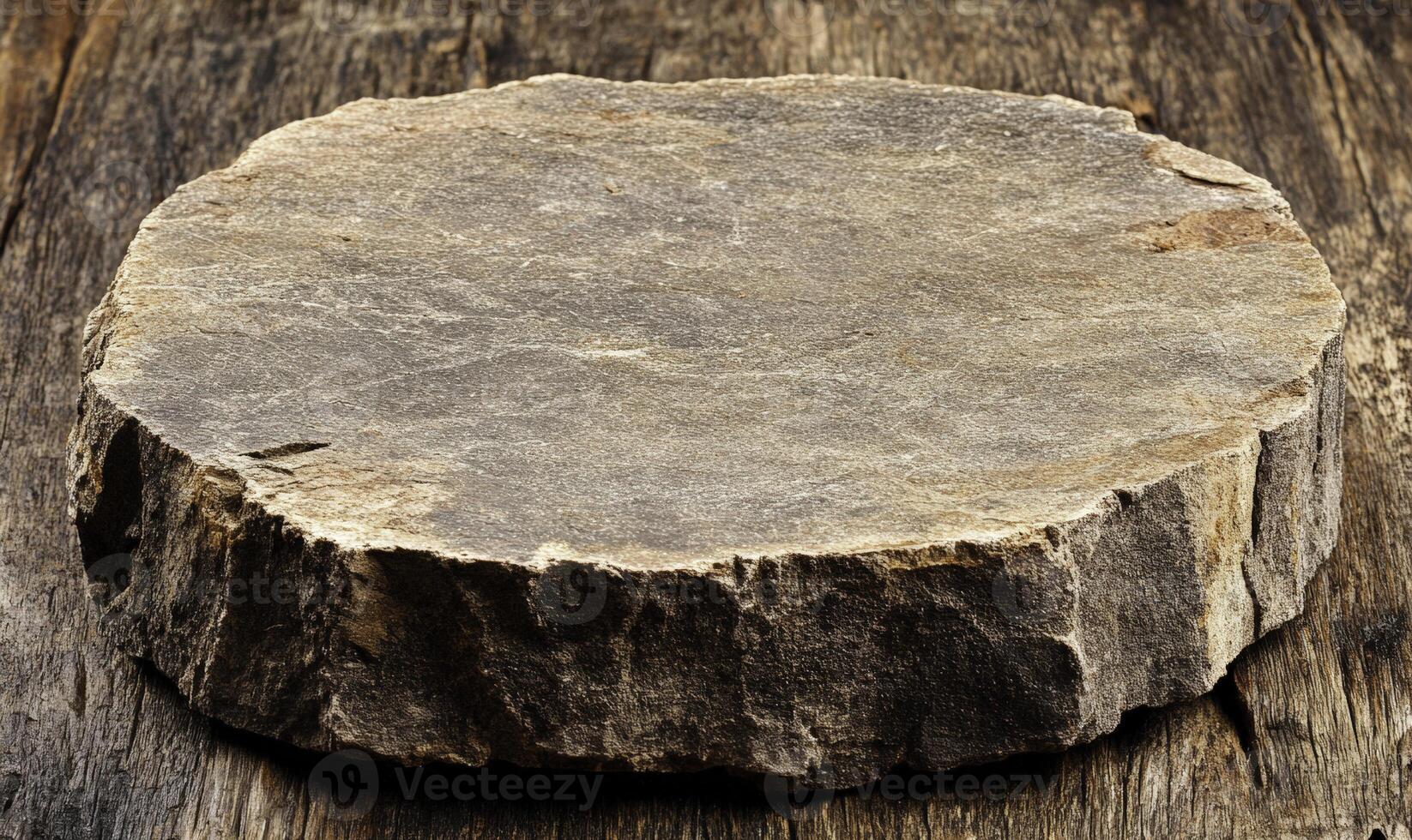 Circular gray stone on rustic wood surface with natural texture, showcasing the simplicity and beauty of nature's raw materials in a minimalist aesthetic. photo