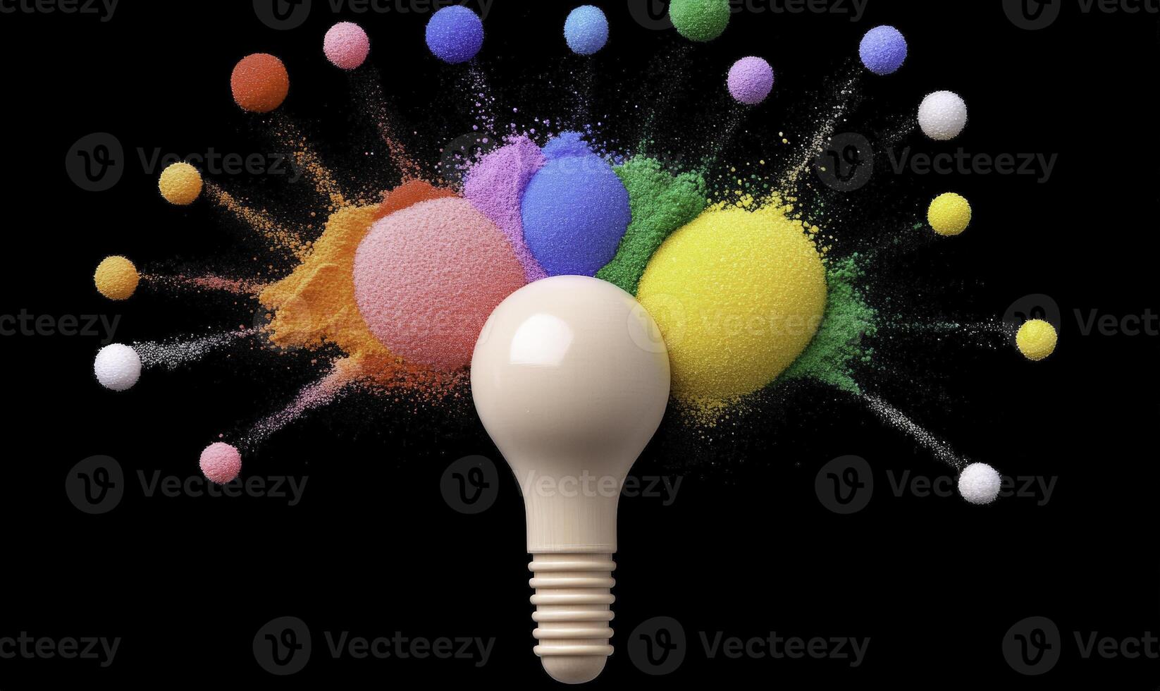 Colorful Explosion of Powder Pigments Surrounding a Light Bulb Representing Creative Energy and Artistic Inspiration in a Dark Background photo