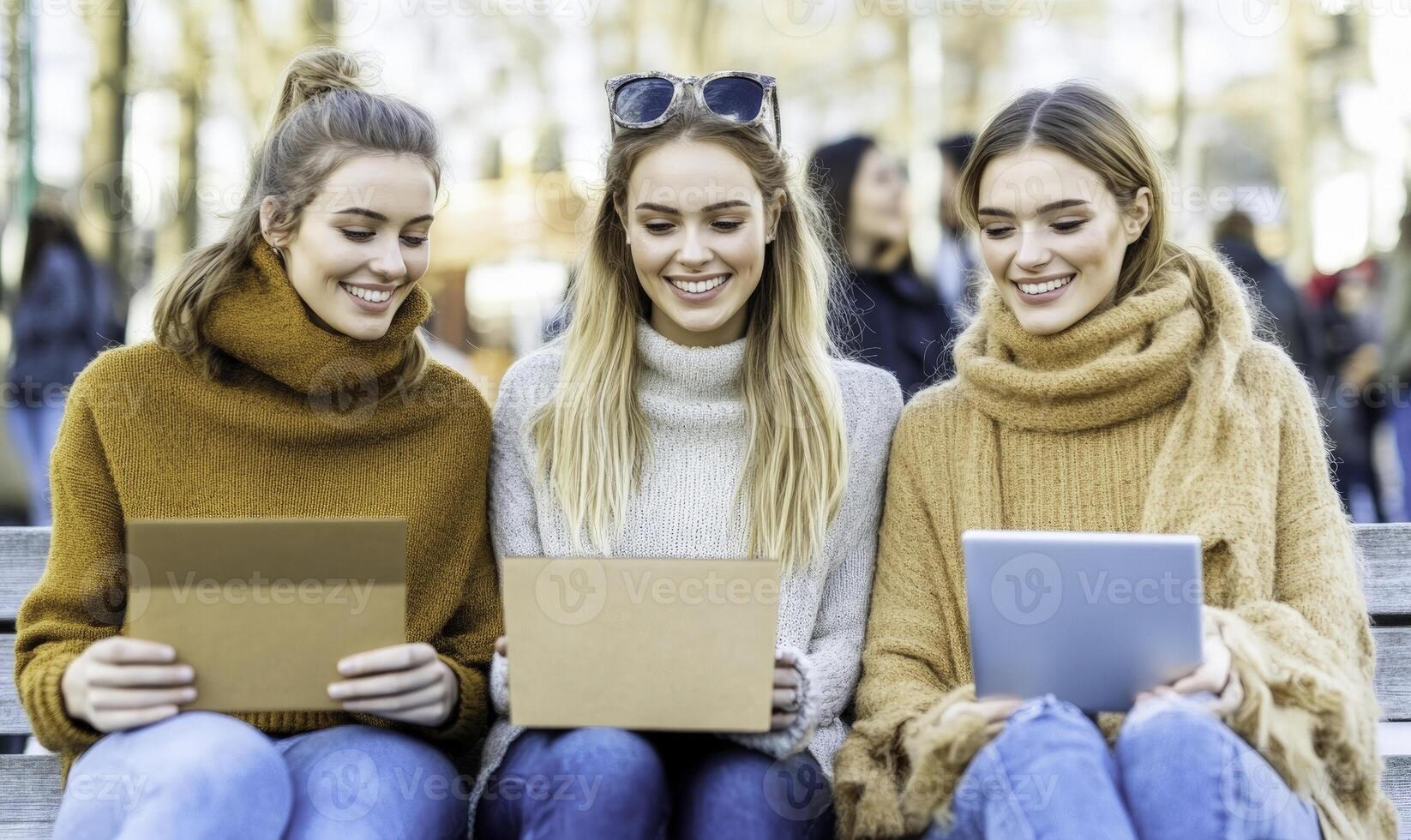 Group of Young Women Sitting on Bench Outdoors, Smiling and Using Digital Devices in a Relaxed Urban Environment in Bright, Sunny Weather photo